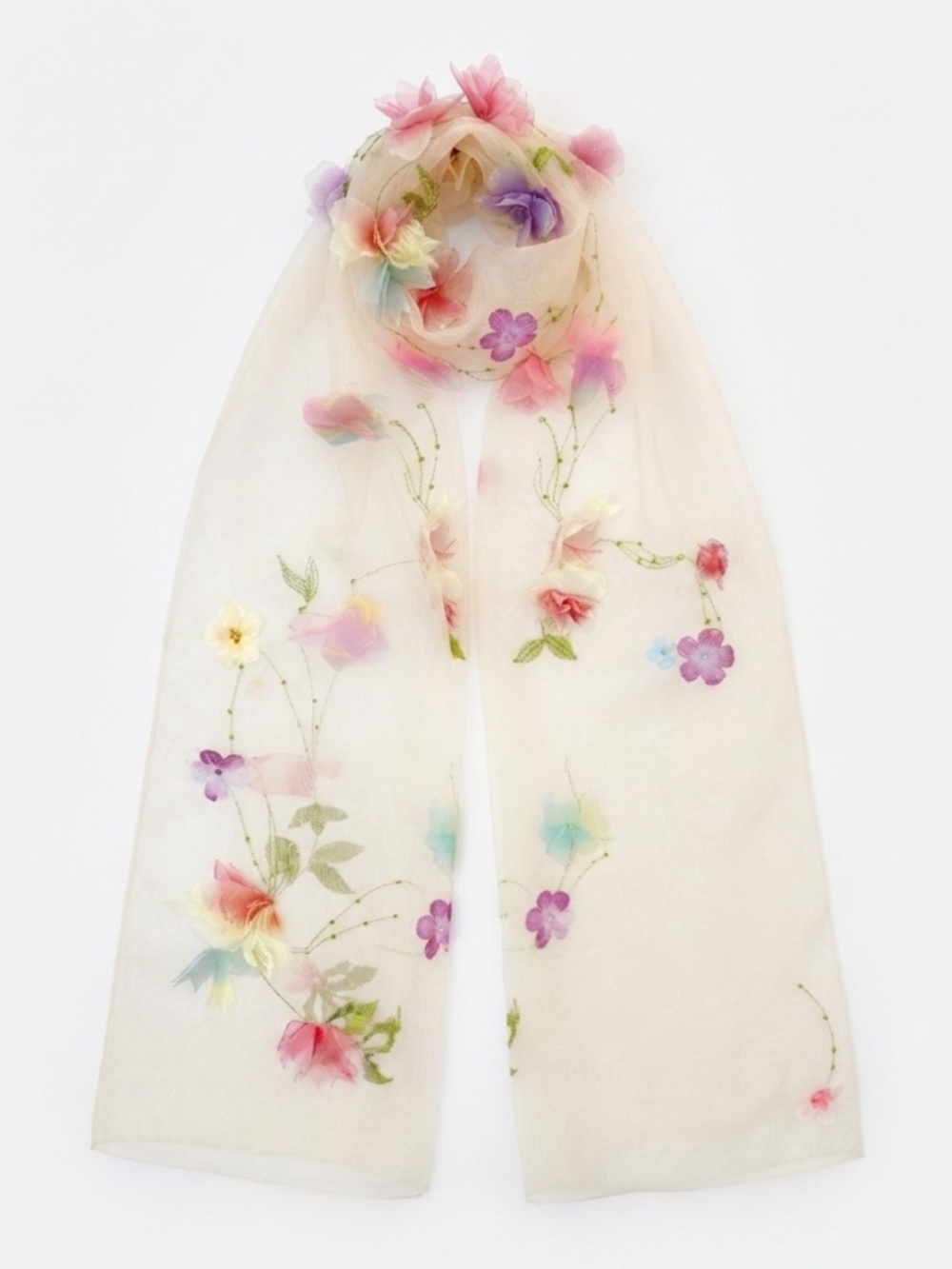 Upcycled 3D Flower Embroidered Textile Art Scarf
